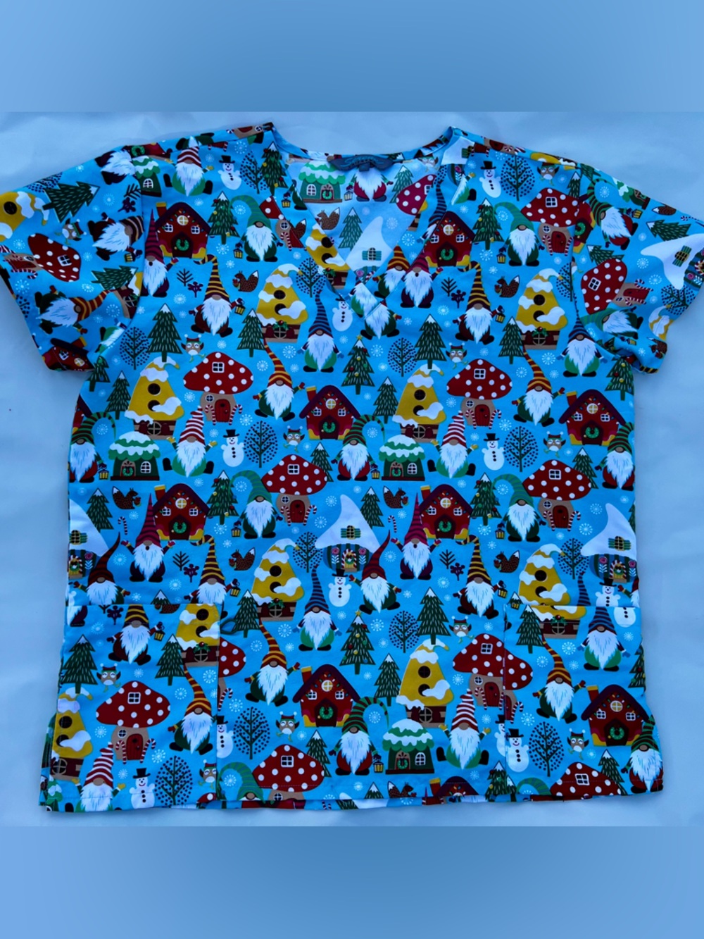 XL scrubs Blue Holiday Gnome Print Women’s Blouse
